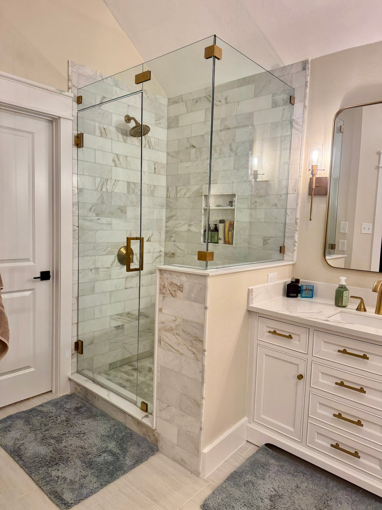 Glass Shower with Marble Tile