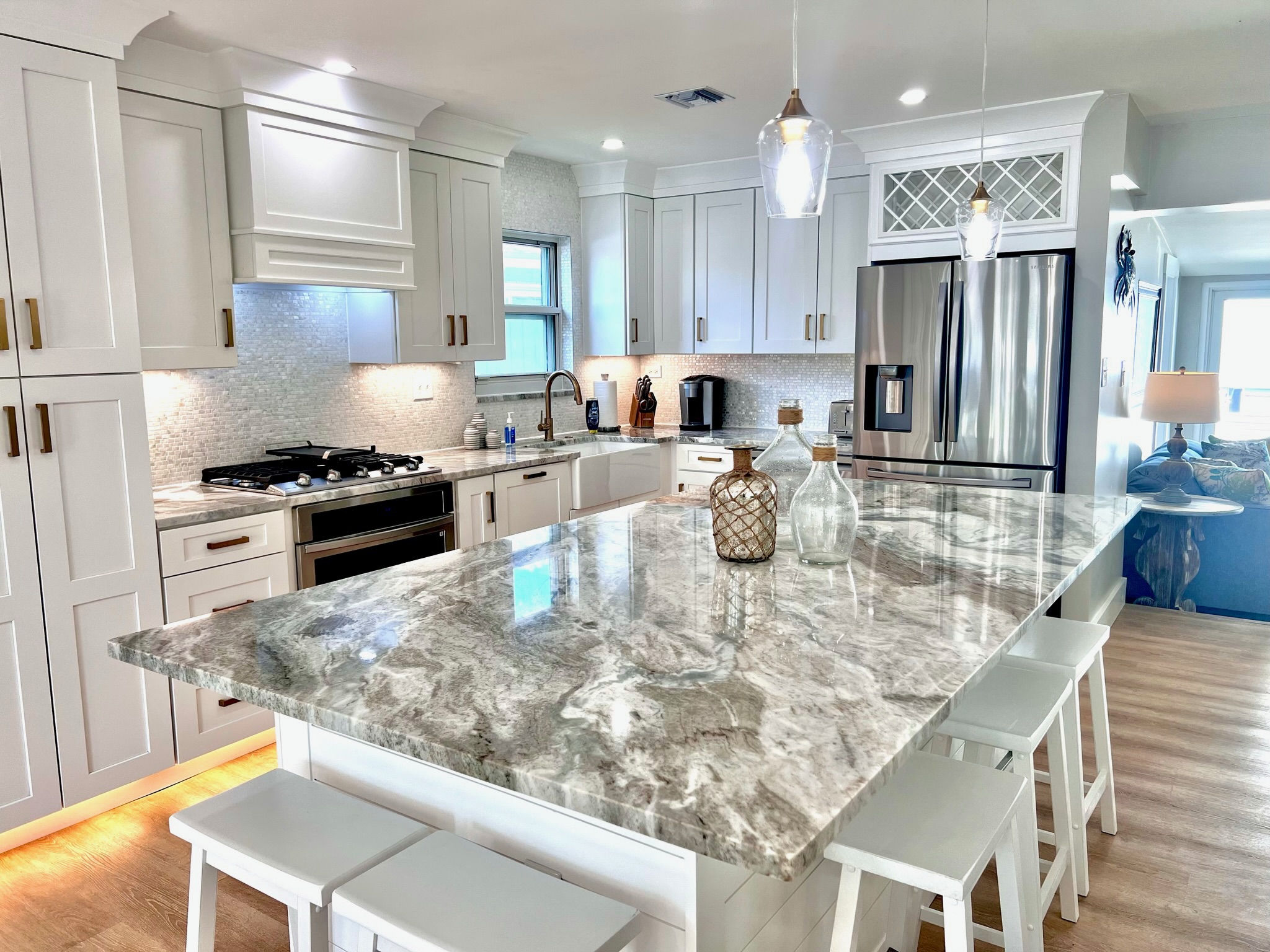 White Kitchen with Marble Island